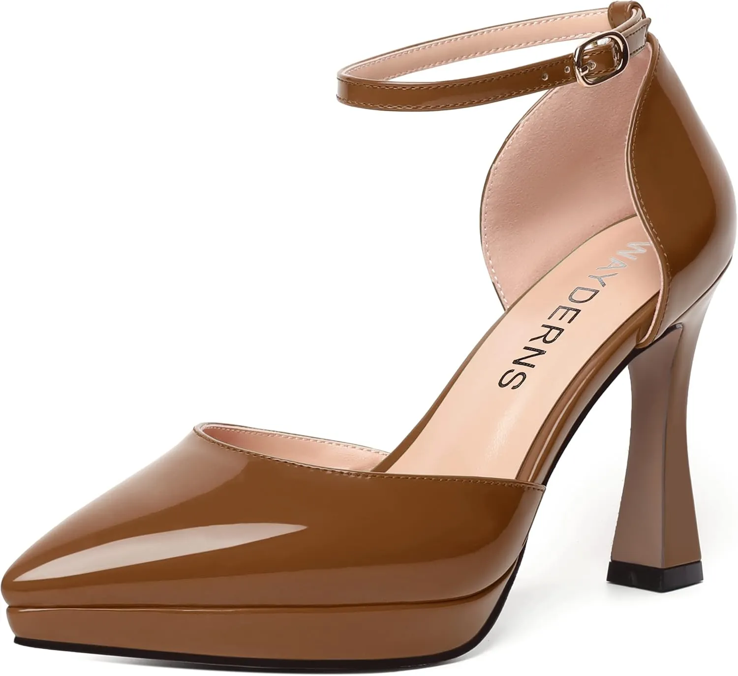 WAYDERNS Womens Fashion Platform Ankle Strap Pointed Toe Patent Party Buckle Spool High Heel Pumps Shoes 4 Inch