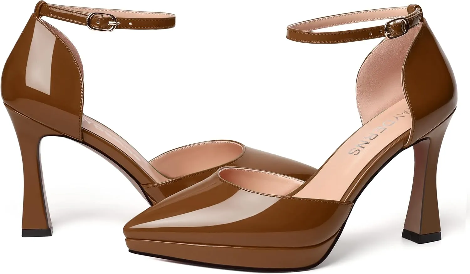WAYDERNS Womens Fashion Platform Ankle Strap Pointed Toe Patent Party Buckle Spool High Heel Pumps Shoes 4 Inch