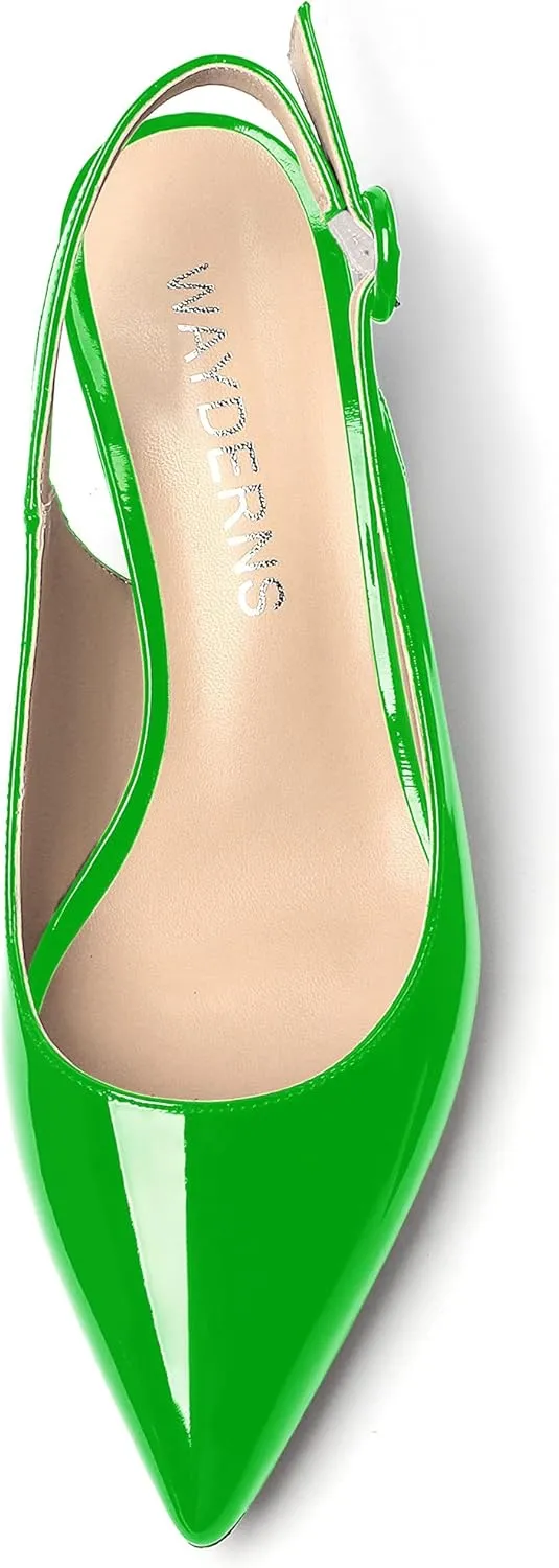 WAYDERNS Women's Patent Leather Ankle Strap Pointed Toe Slingback Low Kitten Heel Pumps Office Work Dress Shoes 2 Inch