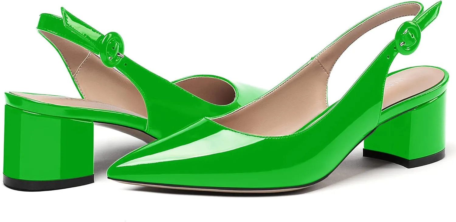 WAYDERNS Women's Patent Leather Ankle Strap Pointed Toe Slingback Low Kitten Heel Pumps Office Work Dress Shoes 2 Inch