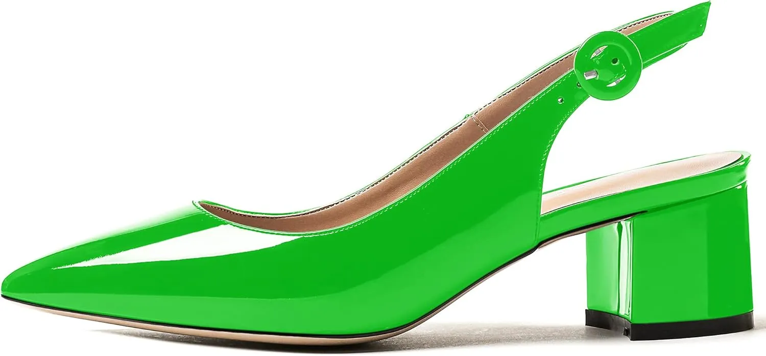 WAYDERNS Women's Patent Leather Ankle Strap Pointed Toe Slingback Low Kitten Heel Pumps Office Work Dress Shoes 2 Inch