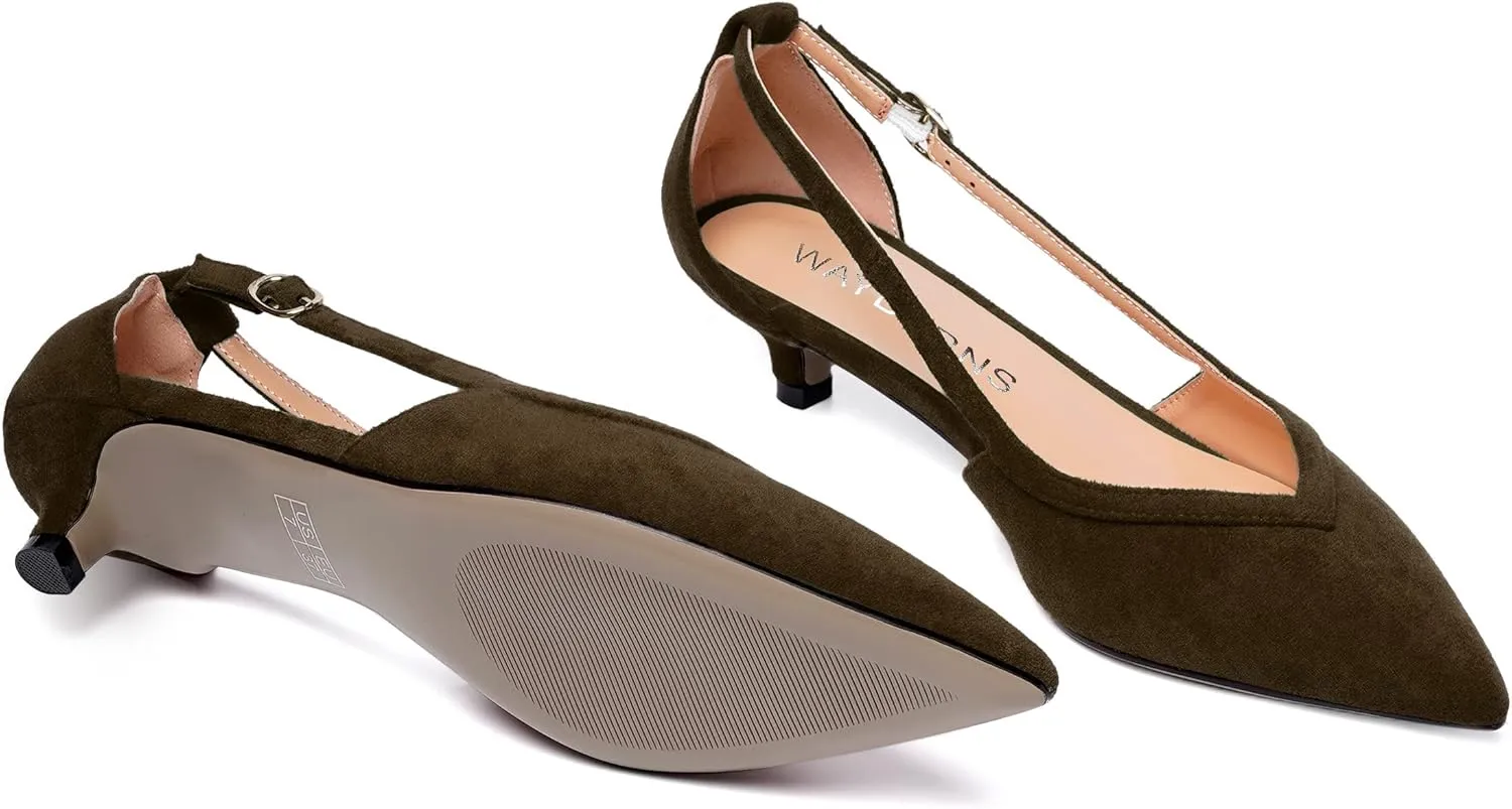 WAYDERNS Womens Pointed Toe Adjustable Strap Dress Wedding Solid Suede Buckle Kitten Low Heel Pumps Shoes 1.5 Inch