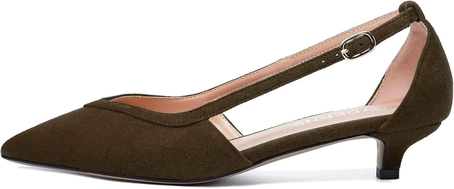 WAYDERNS Womens Pointed Toe Adjustable Strap Dress Wedding Solid Suede Buckle Kitten Low Heel Pumps Shoes 1.5 Inch