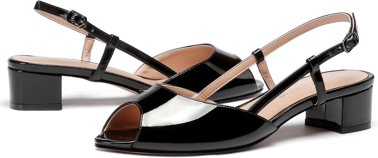 WAYDERNS Women's Slingback Patent Ankle Strap Peep Toe Chunky Low Heel Pumps Shoes 1.5 Inch