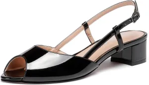 WAYDERNS Women's Slingback Patent Ankle Strap Peep Toe Chunky Low Heel Pumps Shoes 1.5 Inch
