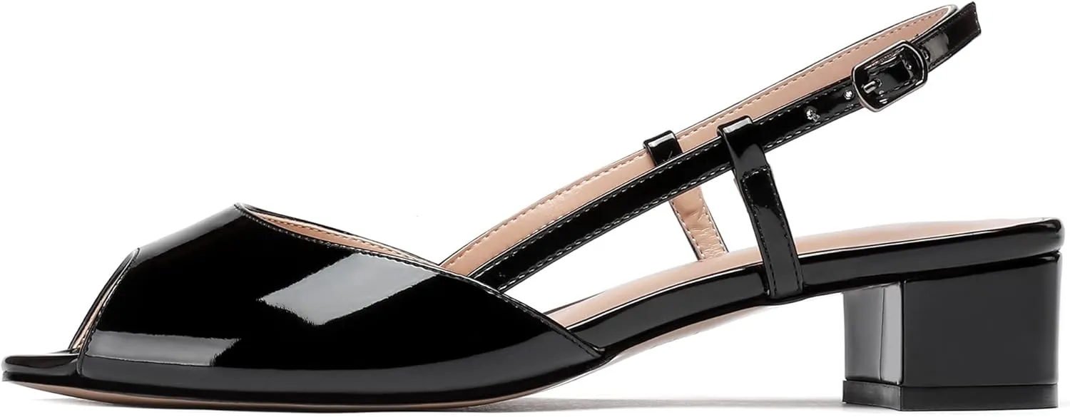 WAYDERNS Women's Slingback Patent Ankle Strap Peep Toe Chunky Low Heel Pumps Shoes 1.5 Inch
