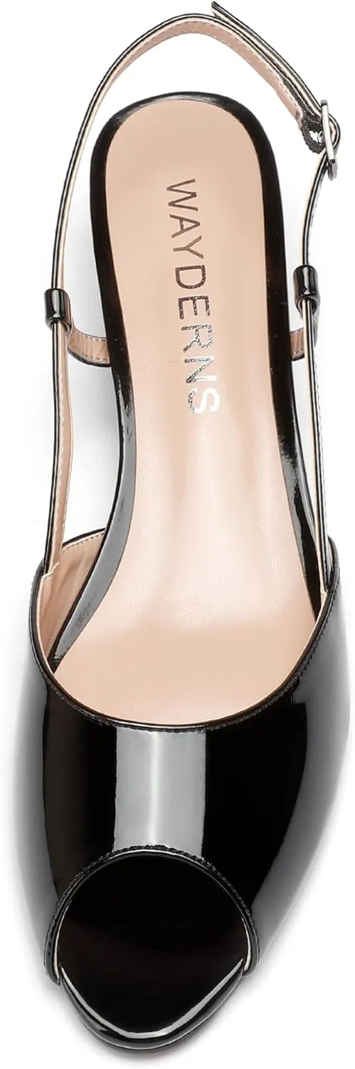 WAYDERNS Women's Slingback Patent Ankle Strap Peep Toe Chunky Low Heel Pumps Shoes 1.5 Inch
