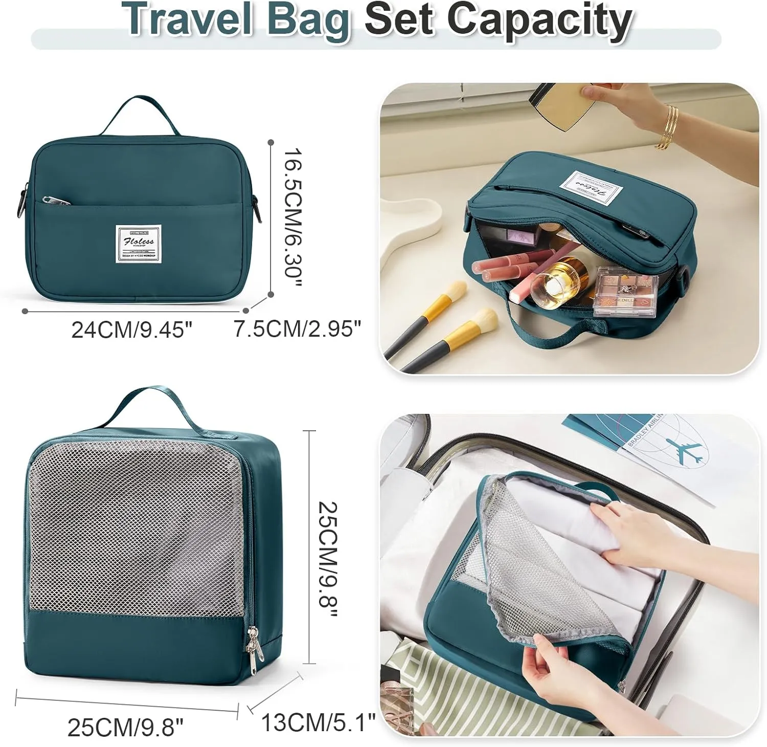 Weekender Bags for Women, Travel Duffel Bags with Shoe Compartment & Wet Pocket,Personal Item Travel Bag for Airlines,Carry on Overnight Tote Bag for women,3Pcs Set，Peacock Blue
