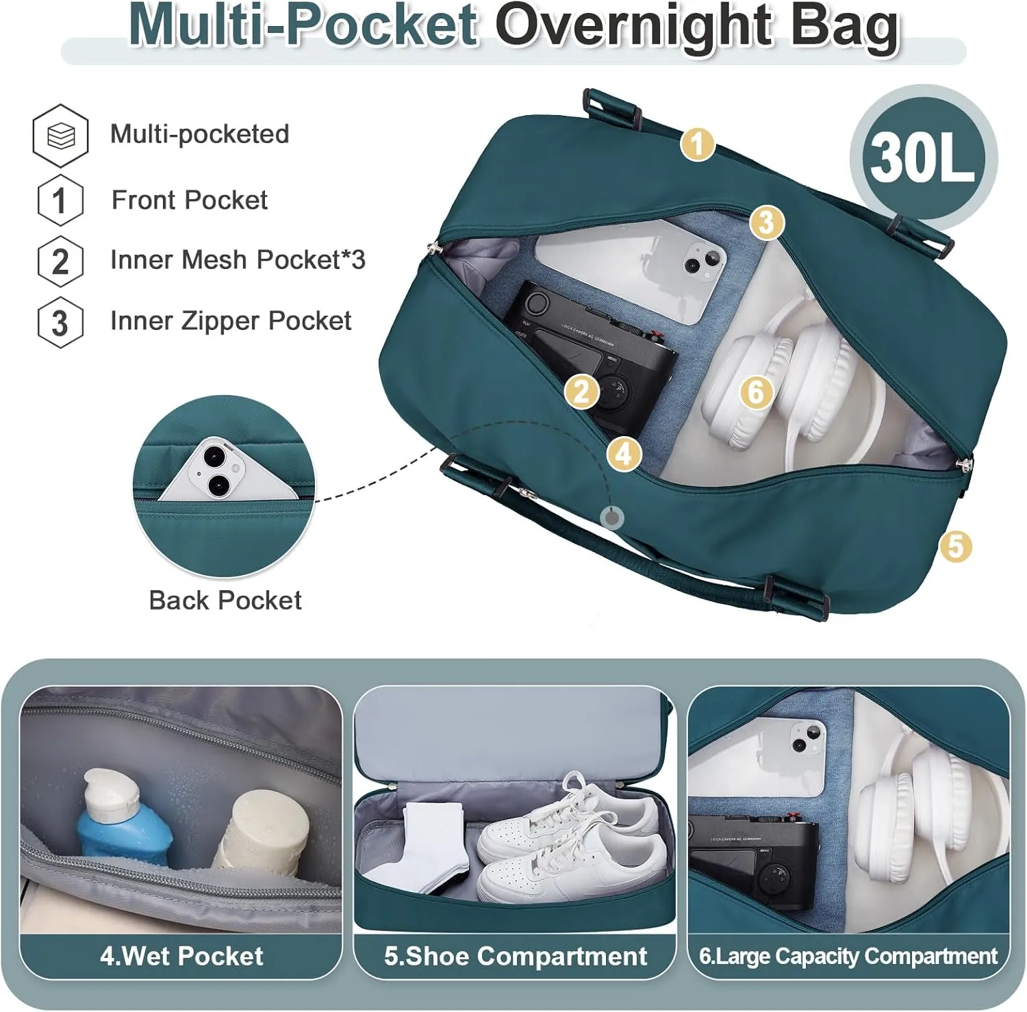 Weekender Bags for Women, Travel Duffel Bags with Shoe Compartment & Wet Pocket,Personal Item Travel Bag for Airlines,Carry on Overnight Tote Bag for women,3Pcs Set，Peacock Blue