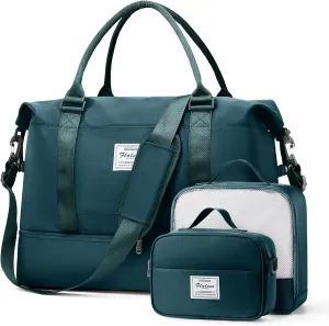 Weekender Bags for Women, Travel Duffel Bags with Shoe Compartment & Wet Pocket,Personal Item Travel Bag for Airlines,Carry on Overnight Tote Bag for women,3Pcs Set，Peacock Blue