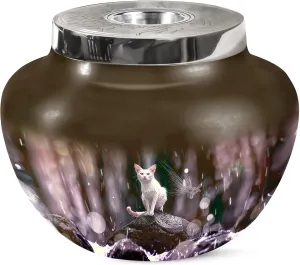 White Cat Burial Urn for Human Ashes Adult Male & Female - Memorial Large Brown Urn for Mom & Dad - Matki Decorative Urns for Adult Men & Women (7 Inch)
