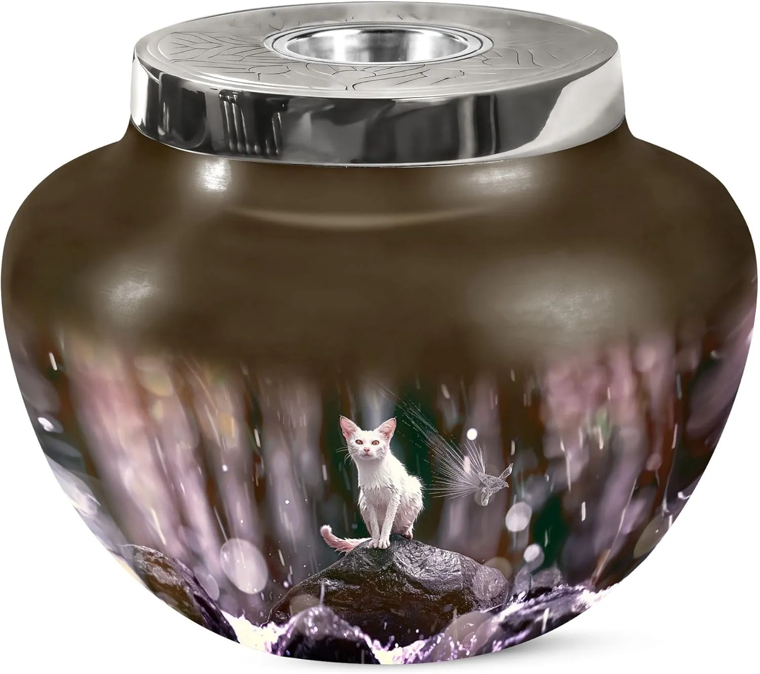 White Cat Burial Urn for Human Ashes Adult Male & Female - Memorial Large Brown Urn for Mom & Dad - Matki Decorative Urns for Adult Men & Women (7 Inch)