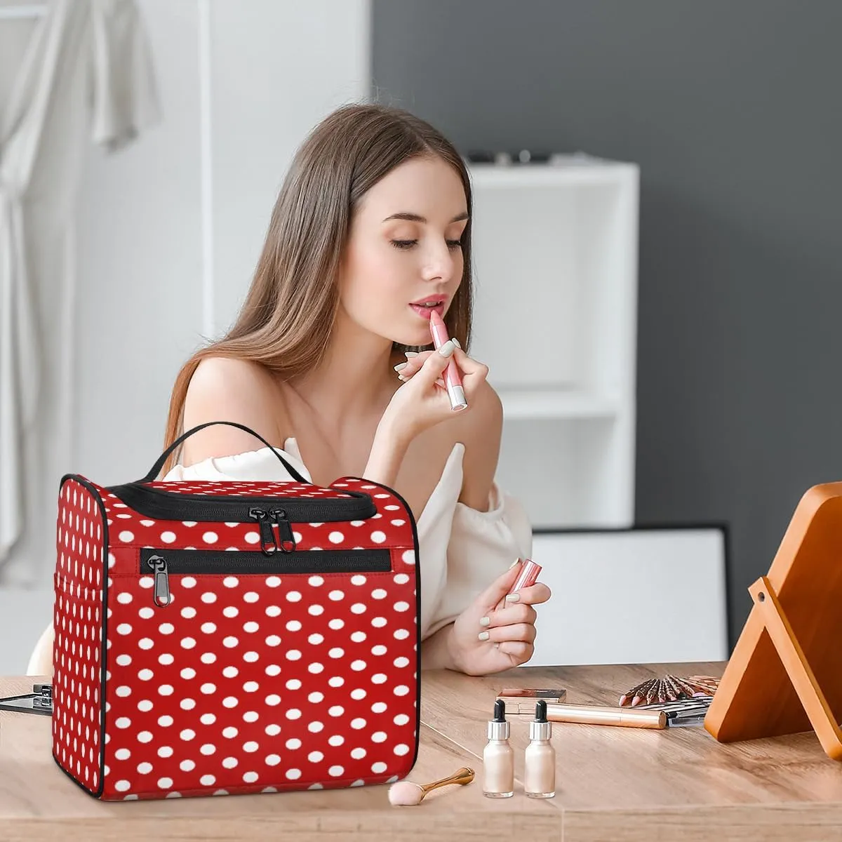 White Polka Dot Red Background Toiletry Bag for Women, Hanging Travel Toiletry Bag, Water-resistant Cosmetic Makeup Organizer for Toiletries and Cosmetics, Bathroom Shower Bag with Handle and Hook