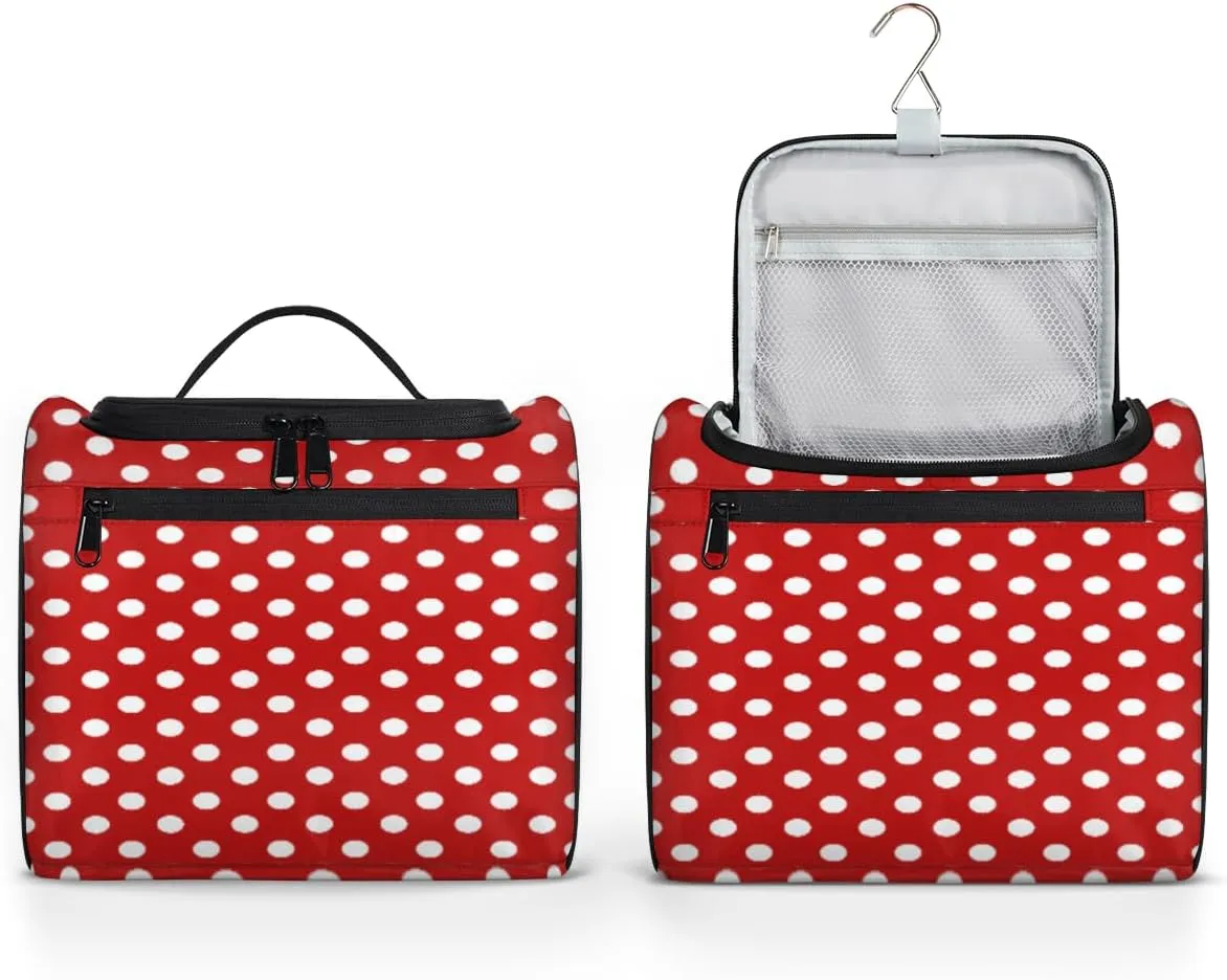 White Polka Dot Red Background Toiletry Bag for Women, Hanging Travel Toiletry Bag, Water-resistant Cosmetic Makeup Organizer for Toiletries and Cosmetics, Bathroom Shower Bag with Handle and Hook