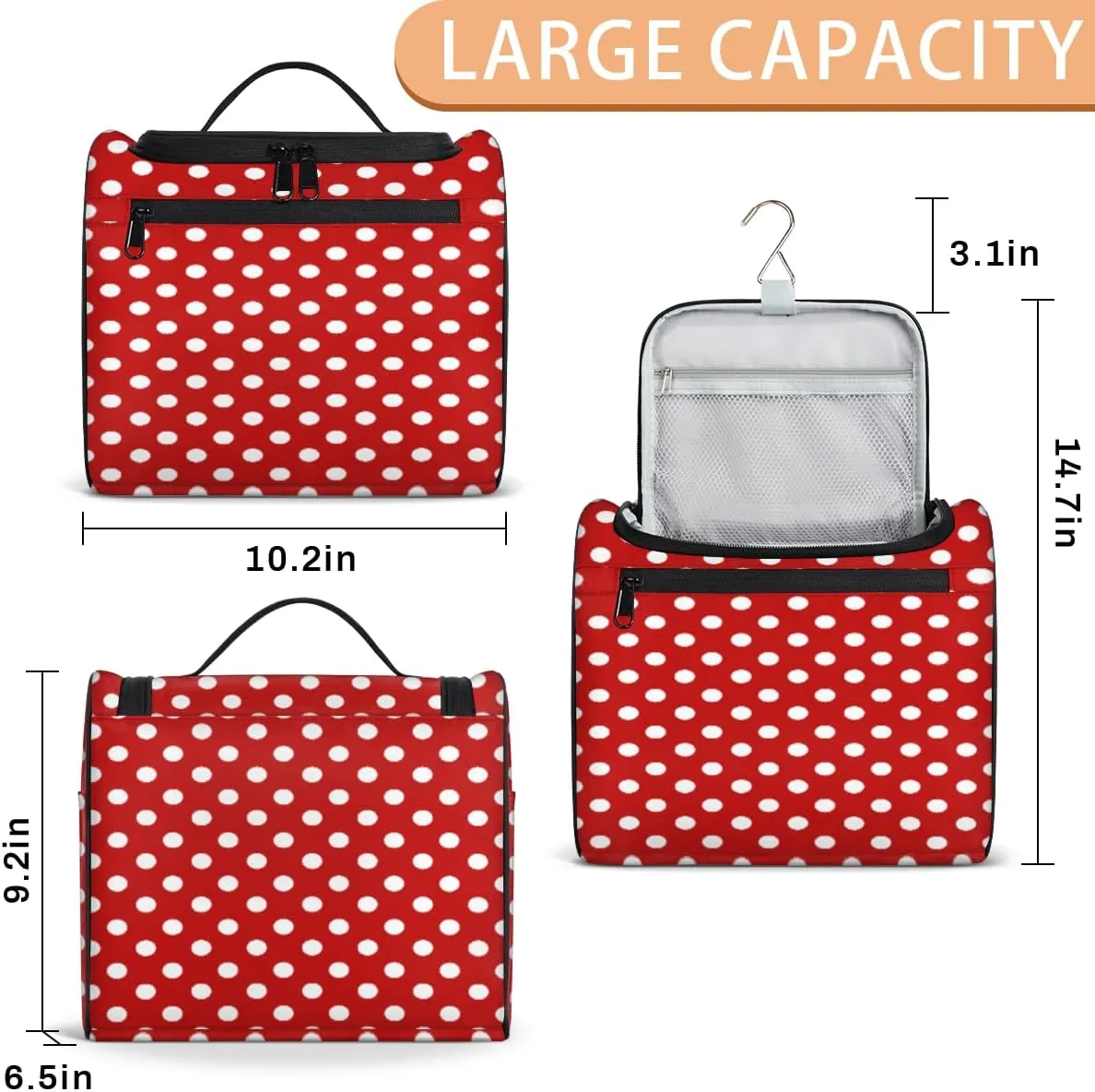 White Polka Dot Red Background Toiletry Bag for Women, Hanging Travel Toiletry Bag, Water-resistant Cosmetic Makeup Organizer for Toiletries and Cosmetics, Bathroom Shower Bag with Handle and Hook