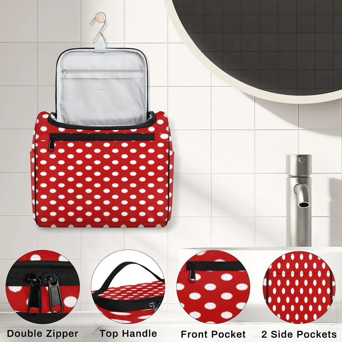 White Polka Dot Red Background Toiletry Bag for Women, Hanging Travel Toiletry Bag, Water-resistant Cosmetic Makeup Organizer for Toiletries and Cosmetics, Bathroom Shower Bag with Handle and Hook