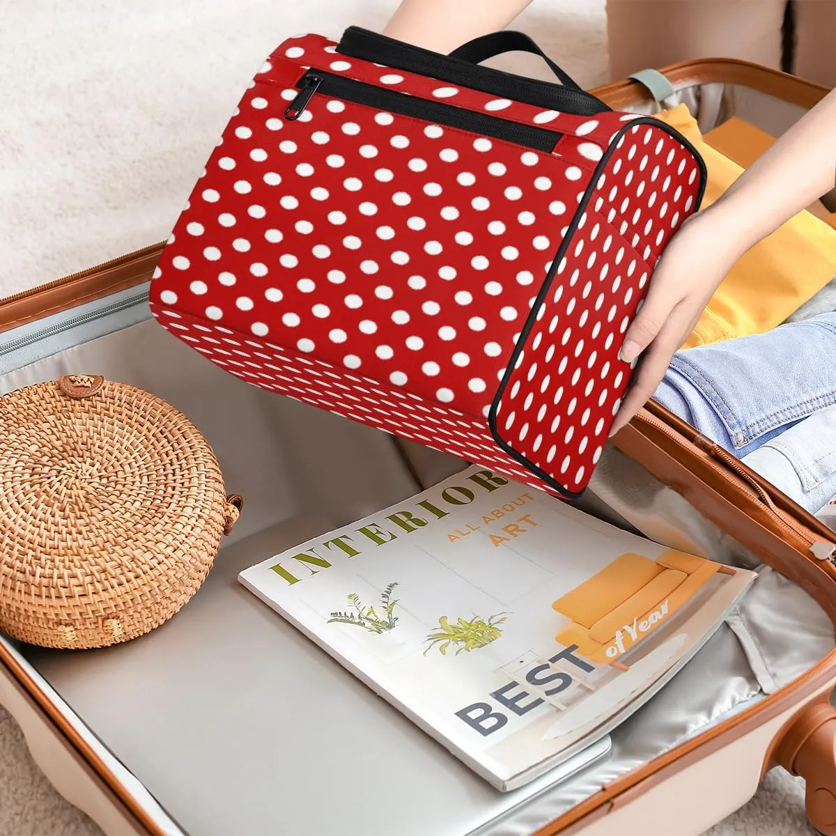 White Polka Dot Red Background Toiletry Bag for Women, Hanging Travel Toiletry Bag, Water-resistant Cosmetic Makeup Organizer for Toiletries and Cosmetics, Bathroom Shower Bag with Handle and Hook