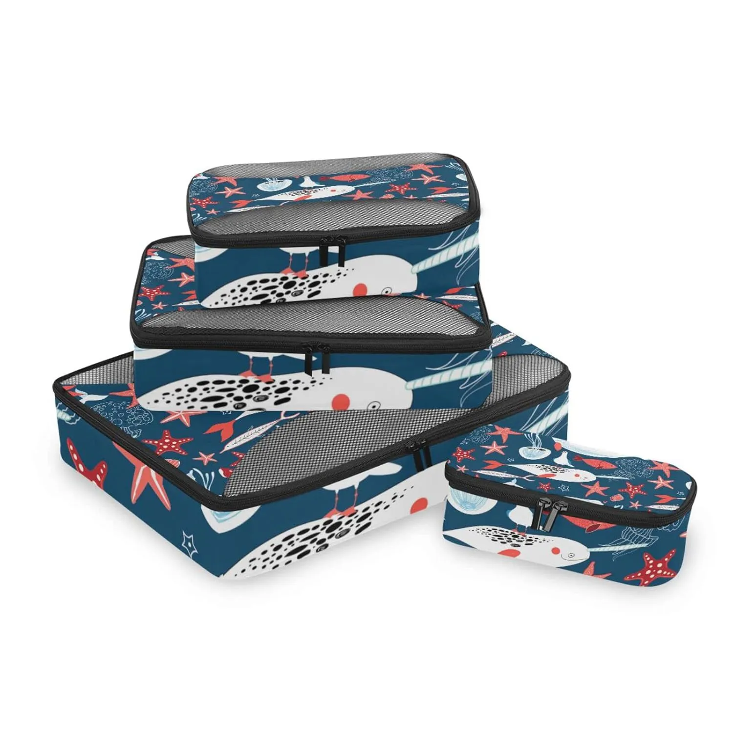 White Sea Whales Jellyfish Red Starfishes Fishes on Dark Blue 4 Set Packing Cubes, Travel Packing Organizers, 600D Oxford Cloth Toiletry Storage Bag, Luggage Mesh Bags for Accessories
