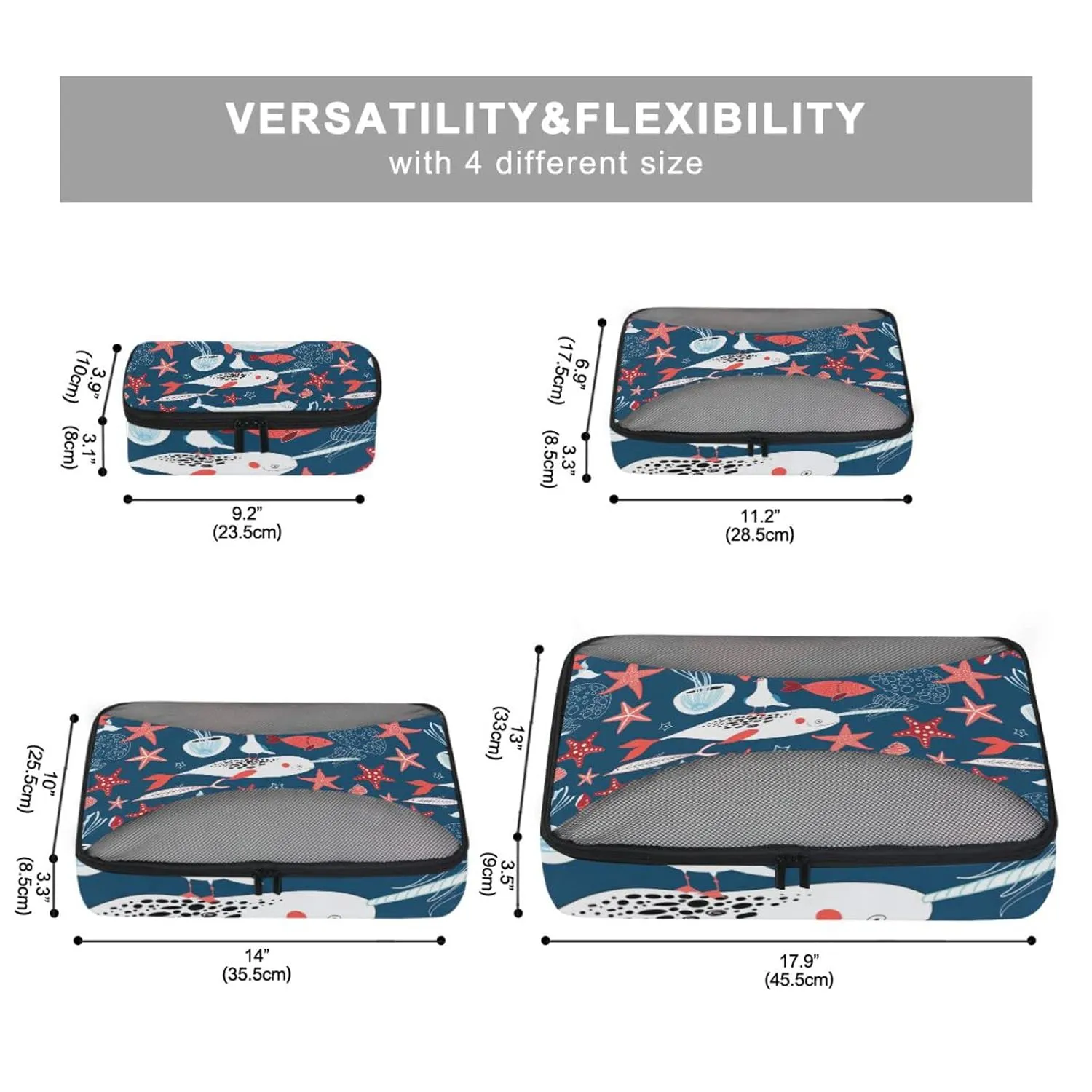 White Sea Whales Jellyfish Red Starfishes Fishes on Dark Blue 4 Set Packing Cubes, Travel Packing Organizers, 600D Oxford Cloth Toiletry Storage Bag, Luggage Mesh Bags for Accessories