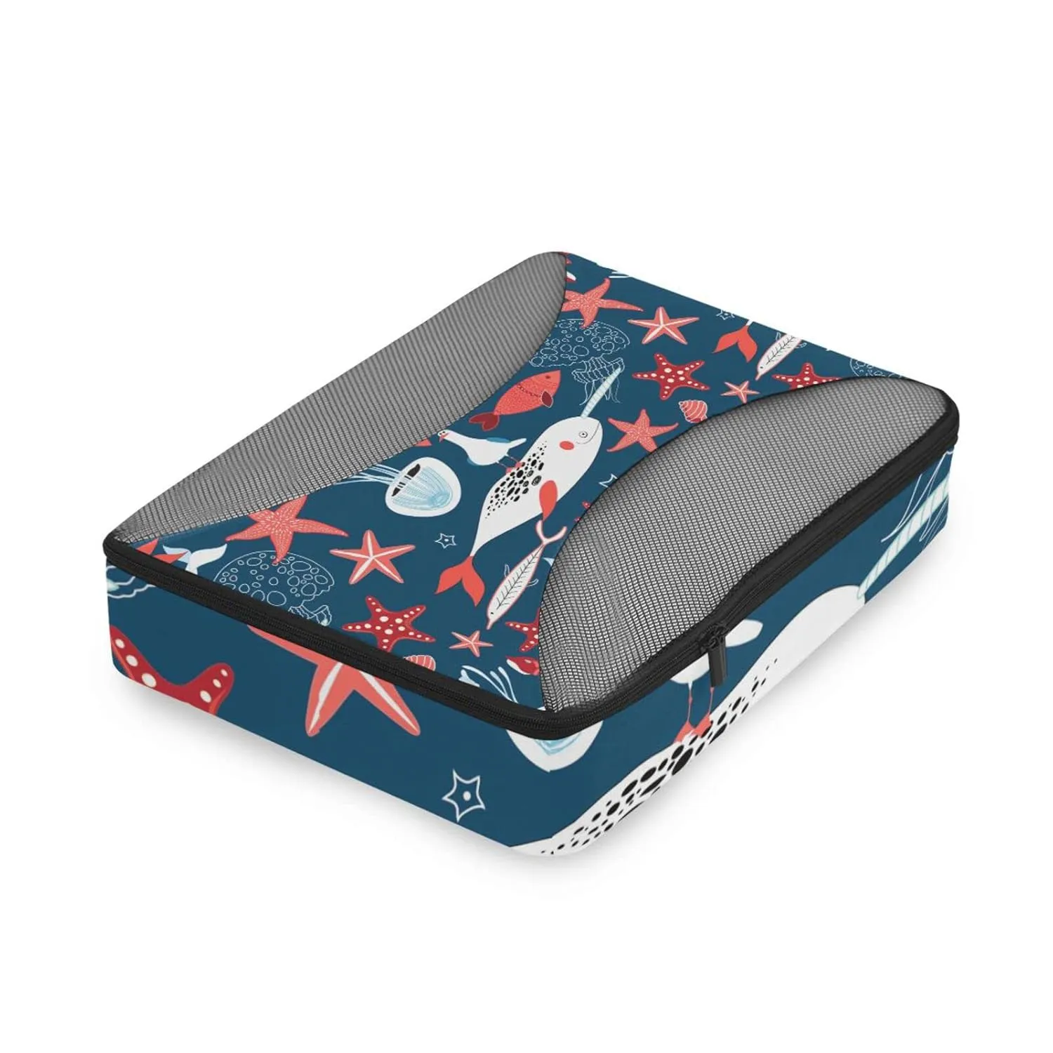 White Sea Whales Jellyfish Red Starfishes Fishes on Dark Blue 4 Set Packing Cubes, Travel Packing Organizers, 600D Oxford Cloth Toiletry Storage Bag, Luggage Mesh Bags for Accessories