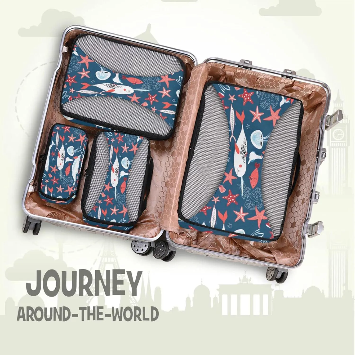 White Sea Whales Jellyfish Red Starfishes Fishes on Dark Blue 4 Set Packing Cubes, Travel Packing Organizers, 600D Oxford Cloth Toiletry Storage Bag, Luggage Mesh Bags for Accessories