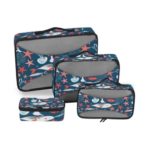 White Sea Whales Jellyfish Red Starfishes Fishes on Dark Blue 4 Set Packing Cubes, Travel Packing Organizers, 600D Oxford Cloth Toiletry Storage Bag, Luggage Mesh Bags for Accessories