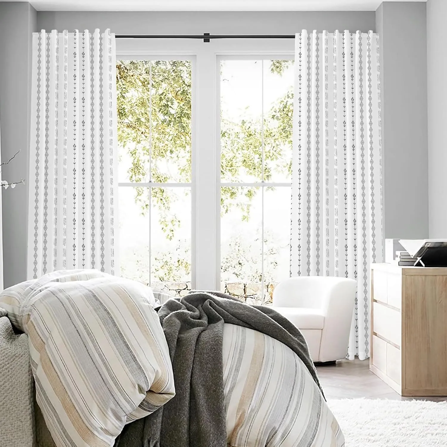 White Sheer Curtains 84 Inches Long for Living Room Bedroom 2 Panels,Boho Black Floral Design Linen Farmhouse Scandinavian Pleated Geometric Curtains