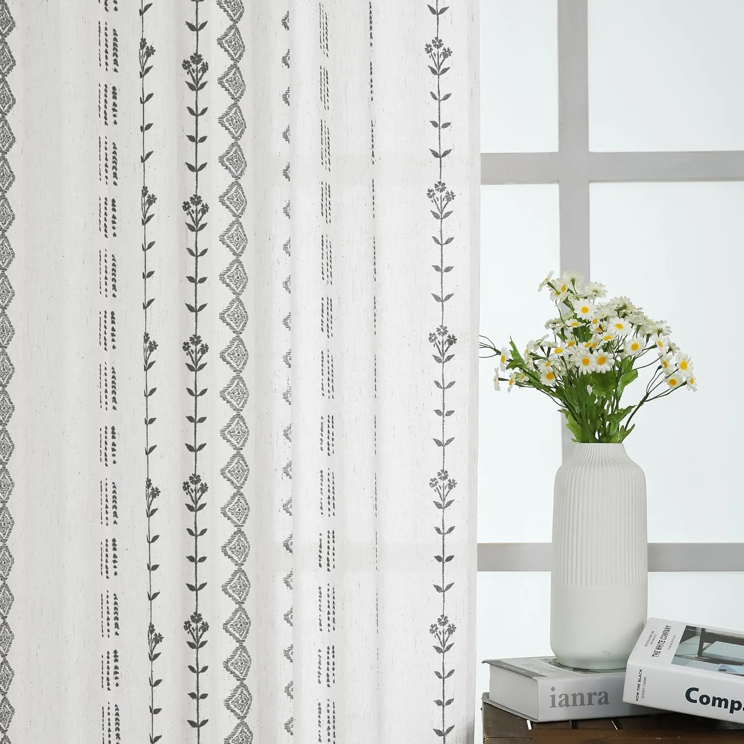 White Sheer Curtains 84 Inches Long for Living Room Bedroom 2 Panels,Boho Black Floral Design Linen Farmhouse Scandinavian Pleated Geometric Curtains