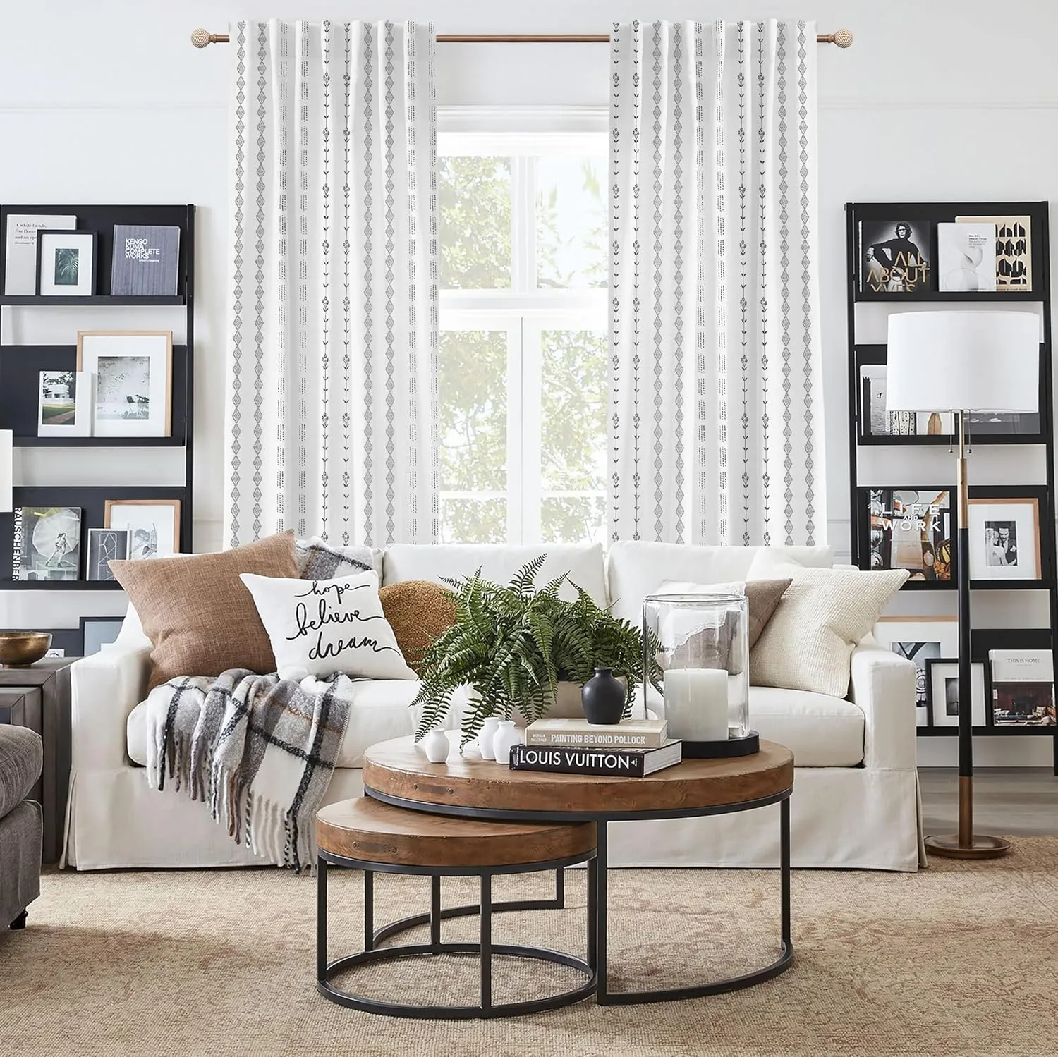 White Sheer Curtains 84 Inches Long for Living Room Bedroom 2 Panels,Boho Black Floral Design Linen Farmhouse Scandinavian Pleated Geometric Curtains