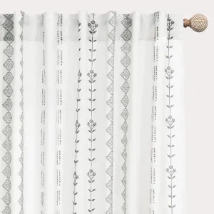 White Sheer Curtains 84 Inches Long for Living Room Bedroom 2 Panels,Boho Black Floral Design Linen Farmhouse Scandinavian Pleated Geometric Curtains