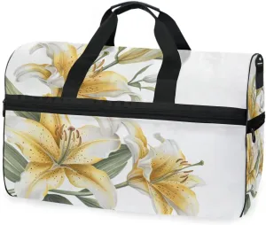 White Yellow Lily Flower Travel Duffel Bag Luggage Sports Gym Bags With Shoes Compartment Large Capacity Lightweight Duffle Bag For Men Women