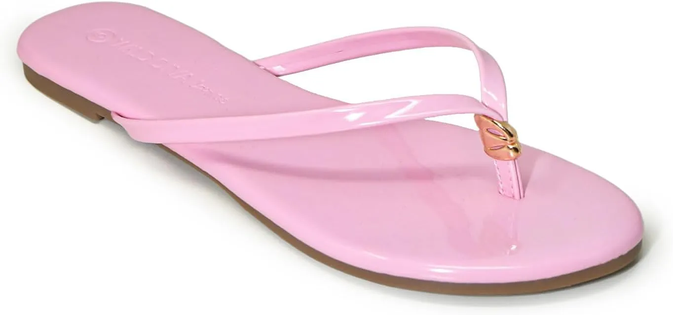 Wild Diva Patent Faux Leather Gold Charm Accent Flip Flop Thong Sandals