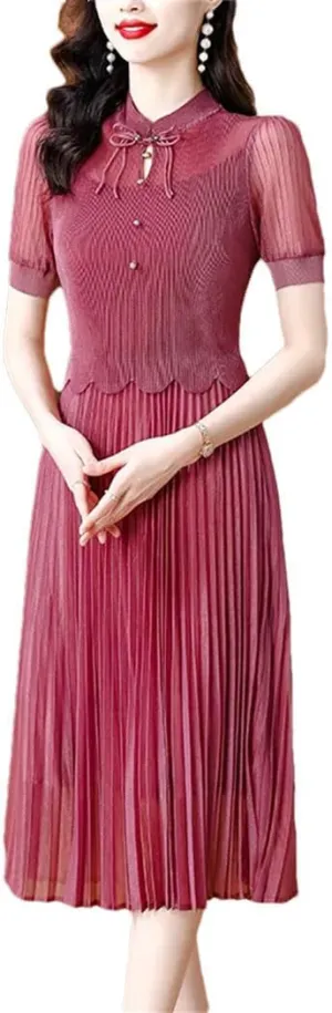 Women Chinese Style Elegant High Waist Dress Summer Short Sleeve Casual Bodycon Evening Dress