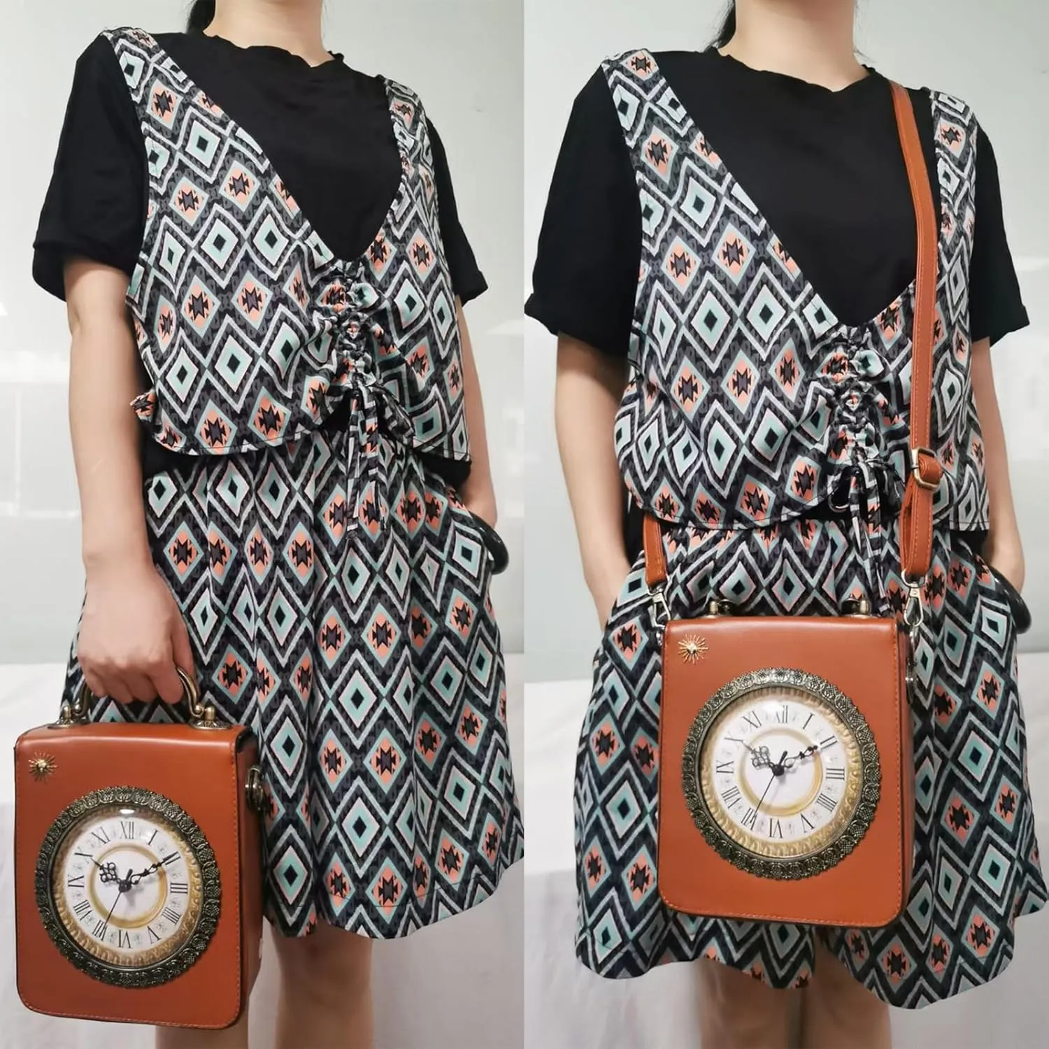 Women Classic Retro Clock Shaped Crossbody Shoulder Bag Handbag PVC Unique Novelty Clock Purse
