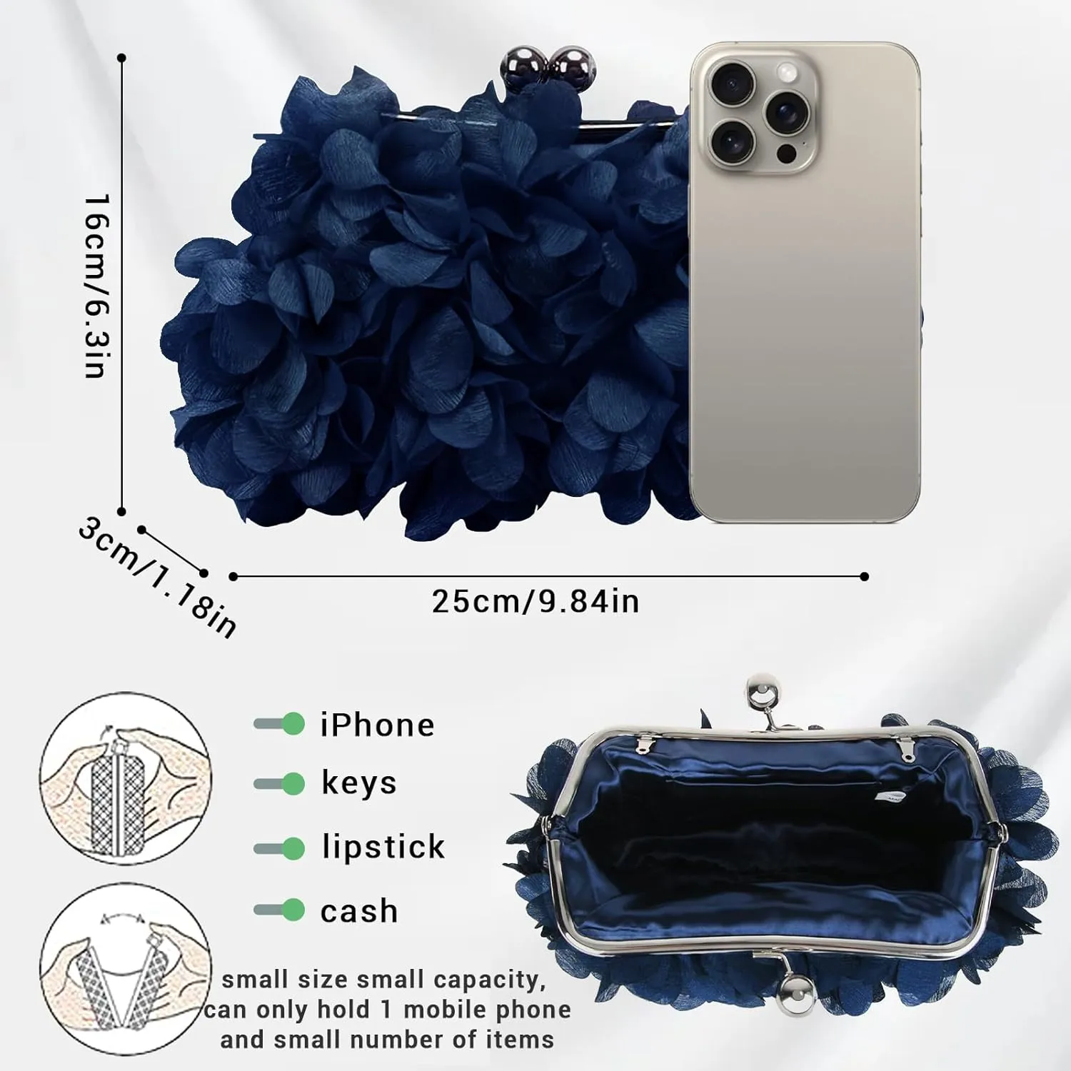 Women Elegant Evening Purse, Small Floral Clutch Bag with Detachable Chain for Wedding, Party, Prom