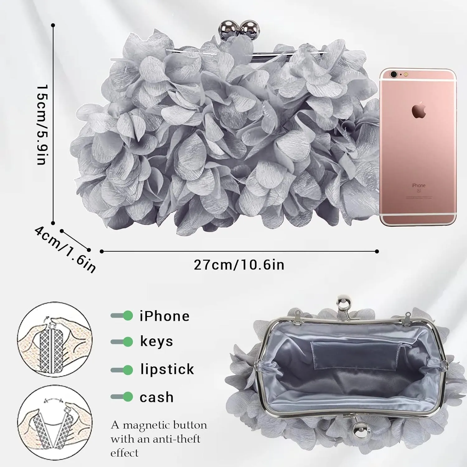 Women Elegant Evening Purse, Small Floral Clutch Bag with Detachable Chain for Wedding, Party, Prom