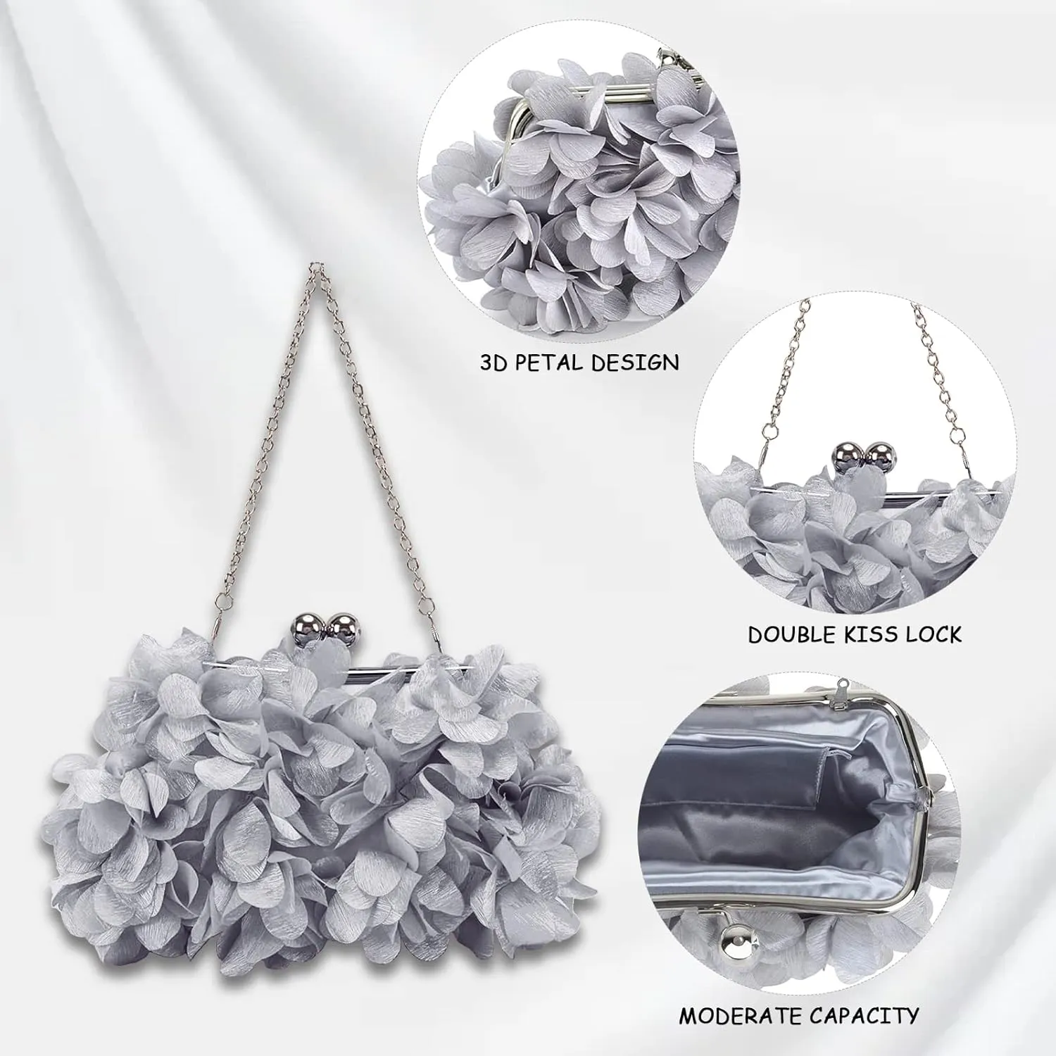 Women Elegant Evening Purse, Small Floral Clutch Bag with Detachable Chain for Wedding, Party, Prom