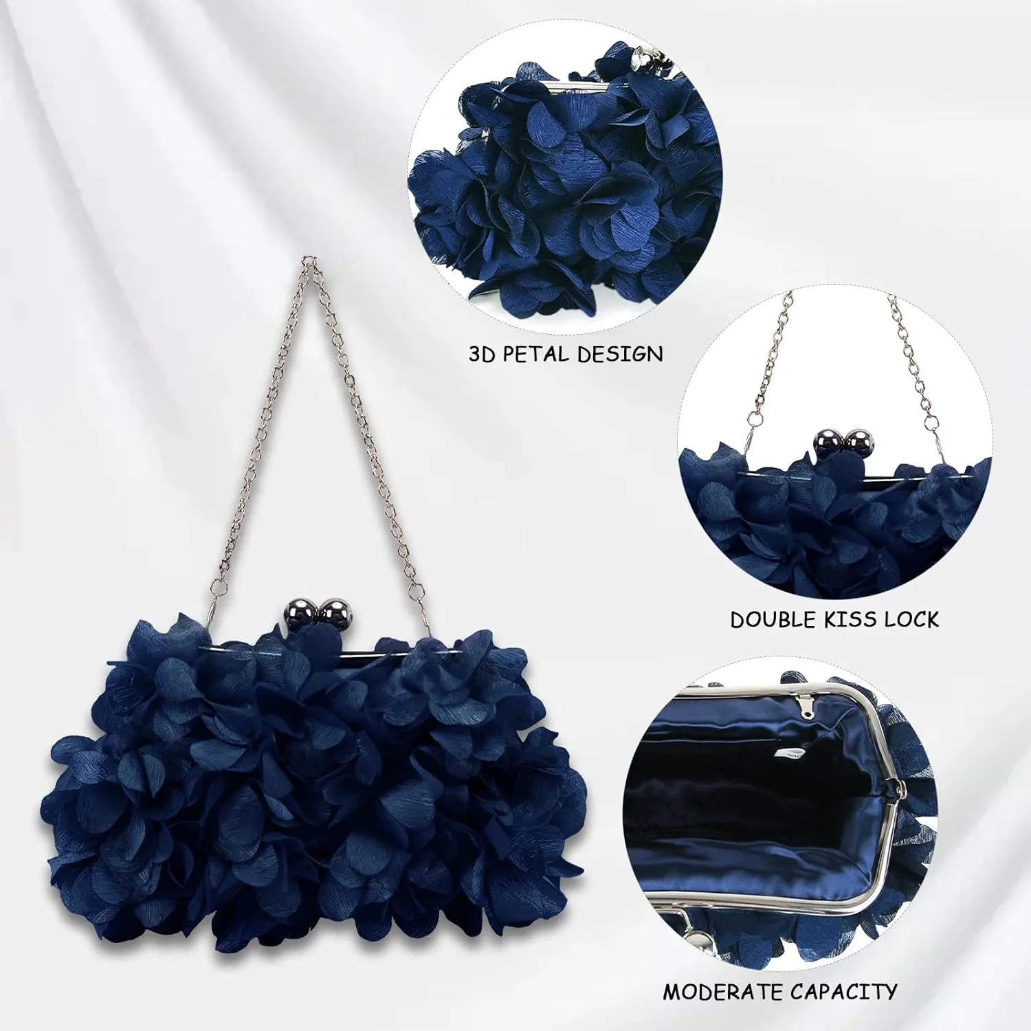Women Elegant Evening Purse, Small Floral Clutch Bag with Detachable Chain for Wedding, Party, Prom