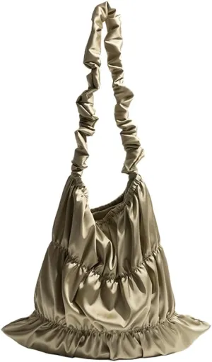 Women Elegant Satin Large Capacity Pleated Shoulder Bag Cute Lace Up Design Underarm Crossbody Bag Aesthetic Tote Bag
