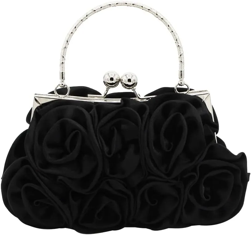 Women Evening Bag Rose Shaped Clutch Bag Satin Handbag Small Shoulder Bag with Kiss Lock