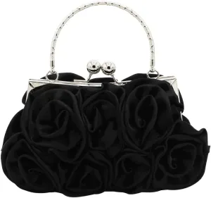 Women Evening Bag Rose Shaped Clutch Bag Satin Handbag Small Shoulder Bag with Kiss Lock