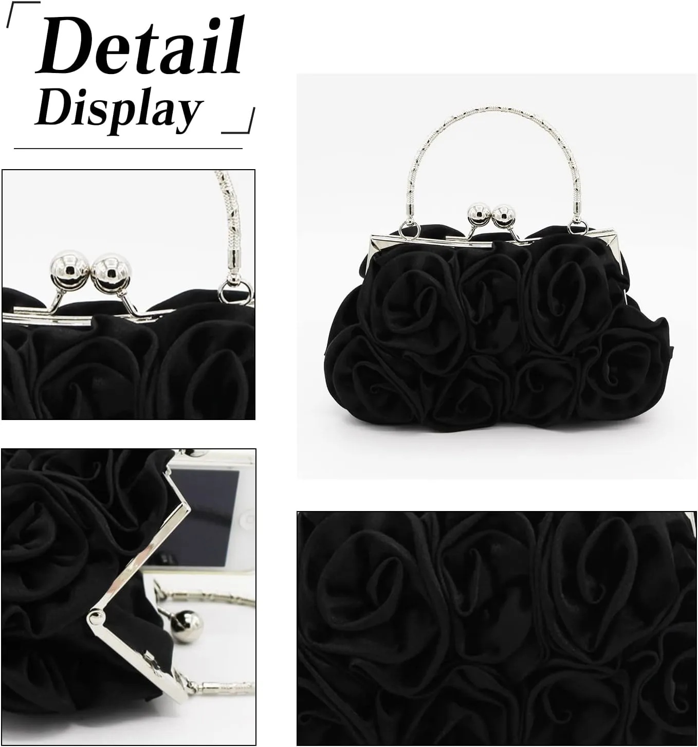 Women Evening Bag Rose Shaped Clutch Bag Satin Handbag Small Shoulder Bag with Kiss Lock