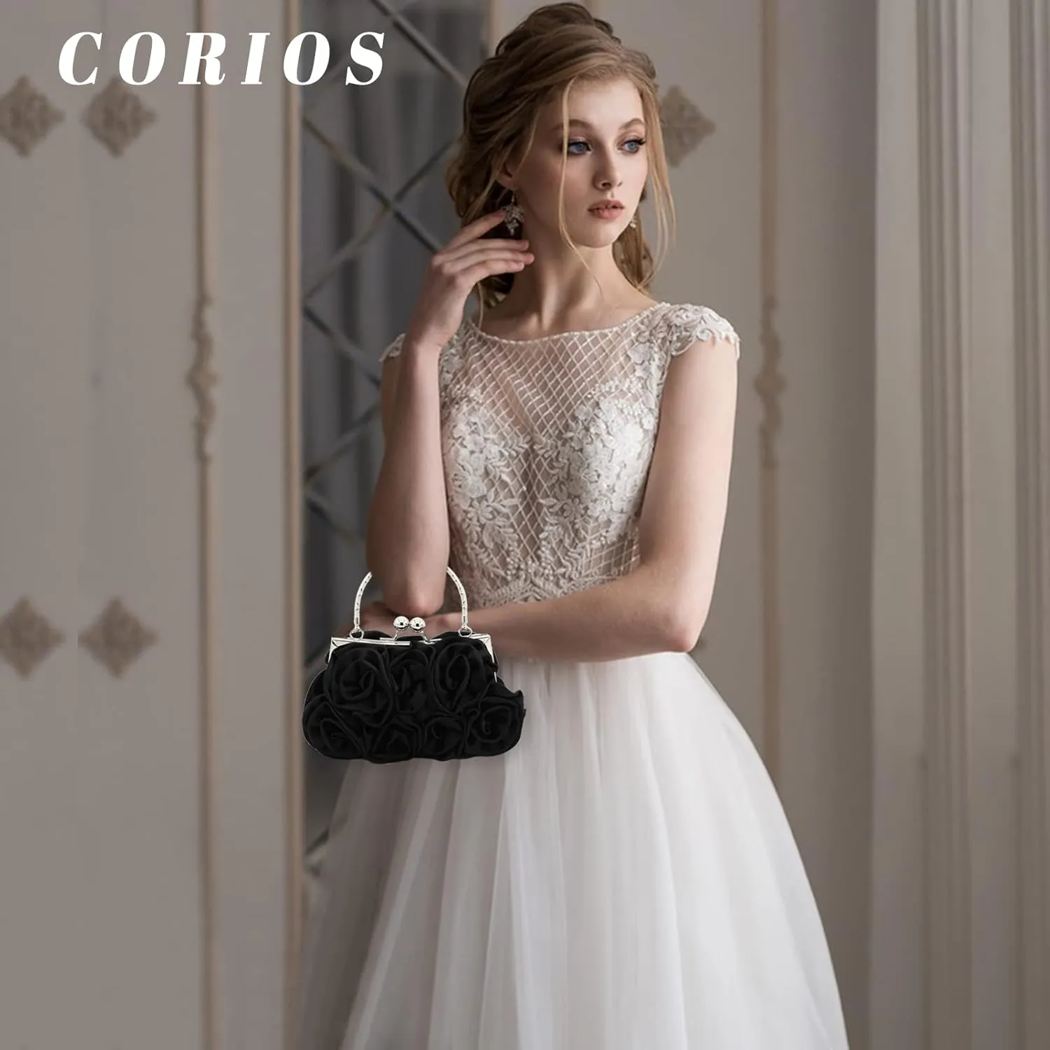 Women Evening Bag Rose Shaped Clutch Bag Satin Handbag Small Shoulder Bag with Kiss Lock