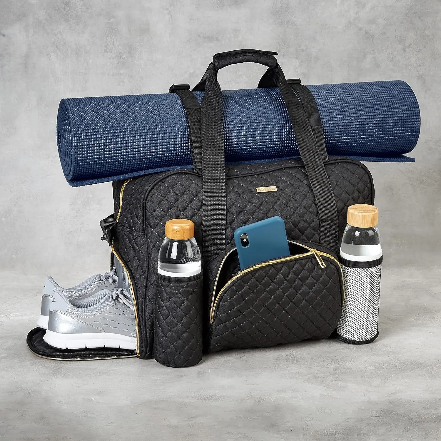 Women Exercise Fitness Gym Travel & Weekender Duffel bag Waterproof Wet Storage Yoga Mat Storage Shoe Storage Carry On Luggage (Black, Quilted Outer)