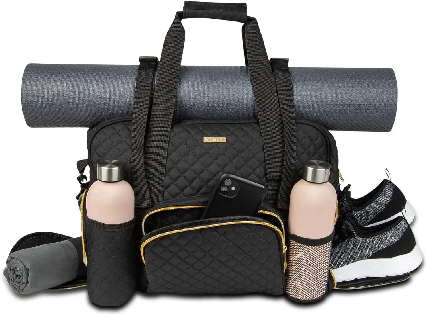 Women Exercise Fitness Gym Travel & Weekender Duffel bag Waterproof Wet Storage Yoga Mat Storage Shoe Storage Carry On Luggage (Black, Quilted Outer)