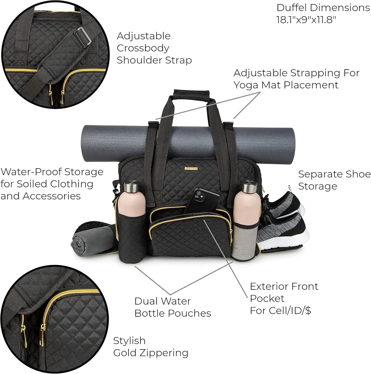 Women Exercise Fitness Gym Travel & Weekender Duffel bag Waterproof Wet Storage Yoga Mat Storage Shoe Storage Carry On Luggage (Black, Quilted Outer)