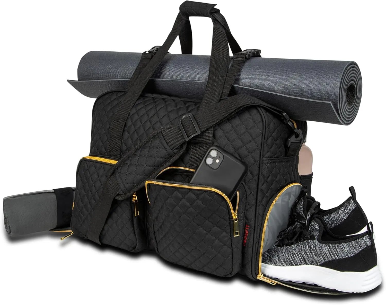 Women Exercise Fitness Gym Travel & Weekender Duffel bag Waterproof Wet Storage Yoga Mat Storage Shoe Storage Carry On Luggage (Black, Quilted Outer)
