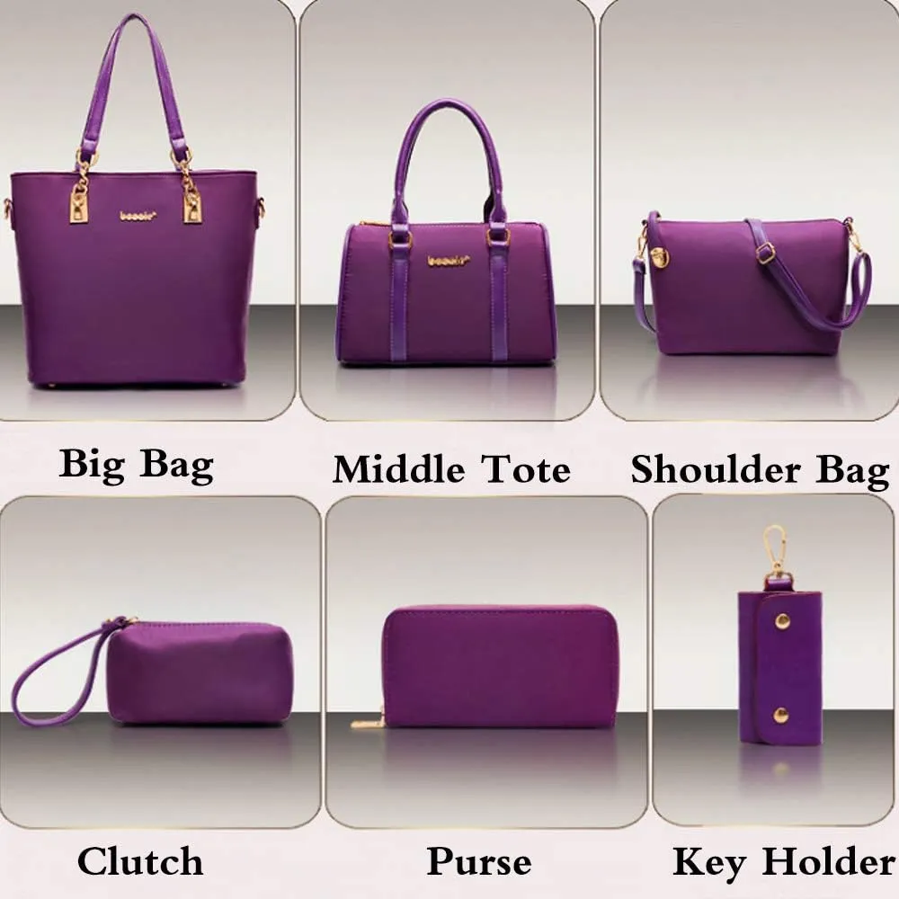 Women Handbag and Purse 6Pcs Tote Satchel Top Handle Crossbody Shoulder Bag Clutch Wallet Key Case