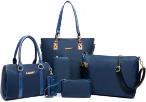 Women Handbag and Purse 6Pcs Tote Satchel Top Handle Crossbody Shoulder Bag Clutch Wallet Key Case