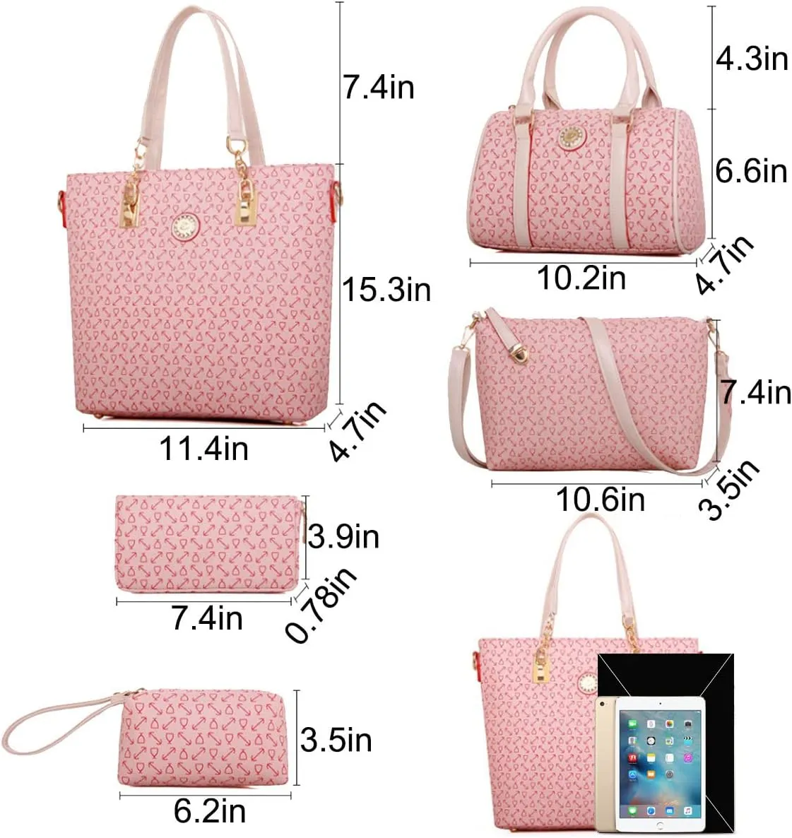 Women Handbag Set 6 Pcs PU Leather Tote Purse Multi-purpose Classic Shoulder Bag Top Handle Bag Satchel